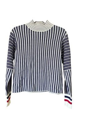 Greige Geometric Knit Pullover Sweater in Purple and White with Red Accent